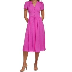 DKNY Short Sleeve Chiffon V-Neck Midi Dress